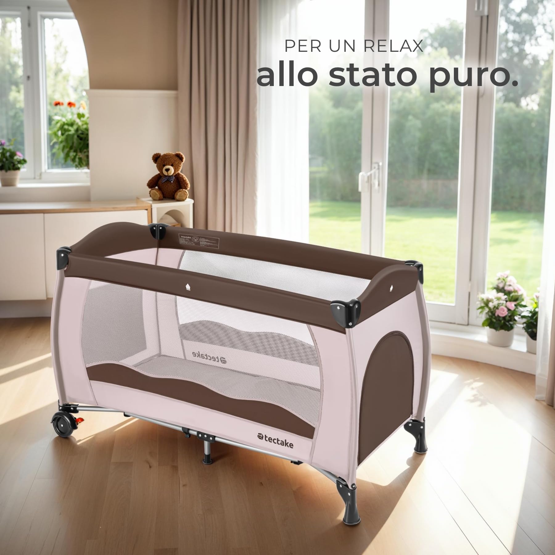 tectake® Lettino da Viaggio Bambini, Lettino Pieghevole con Borsa, Lettino Neonato Portatile, Lettino Trasportabile con Ruote, Letto Bambini Richiudibile, 126 x 65 x 80 Cm - Caffè