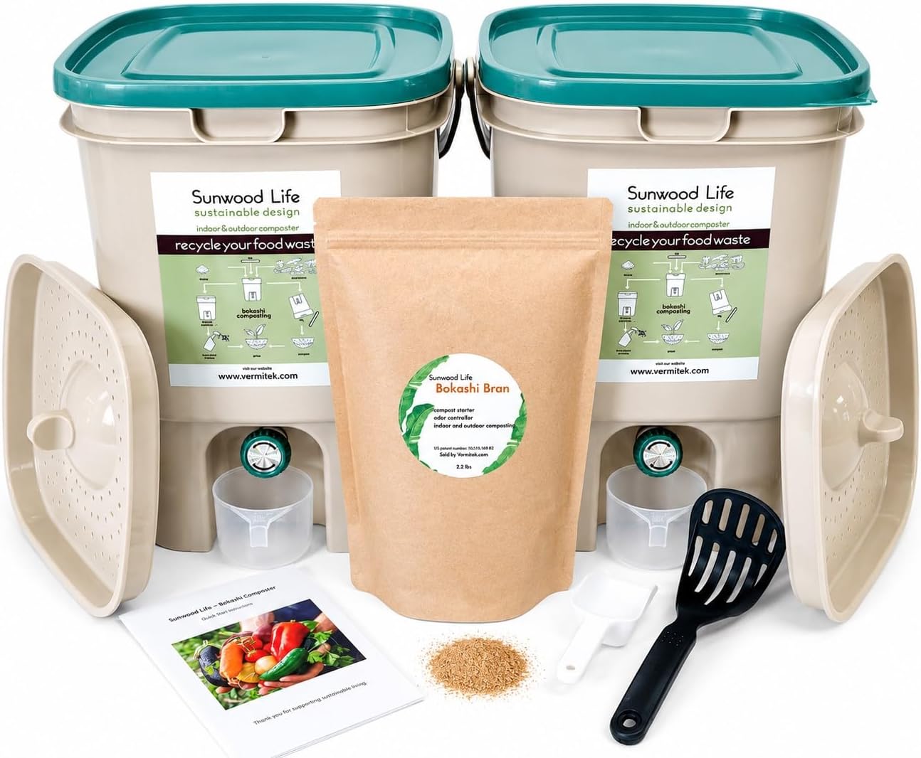 Indoor Bokashi Composter Starter Kit, Beige & Black, 2 Bin