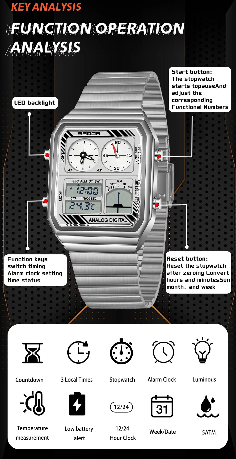 FANMIS Orologio digitale da uomo retrò con cinturino in acciaio con visualizzazione della temperatura, impermeabile fino a 5 atm, orologio da polso sportivo con retroilluminazione a LED, sveglia