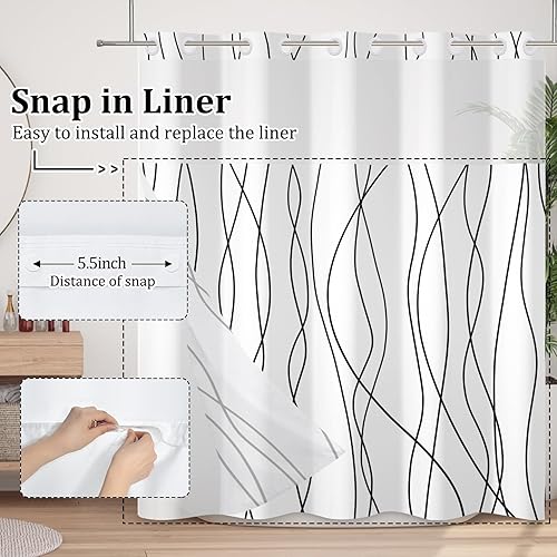 Miniatura 7 de Juego de cortina de ducha sin gancho con forro a presión, cortina de baño a rayas blancas y negras de doble capa, impermeable, tela lavable con