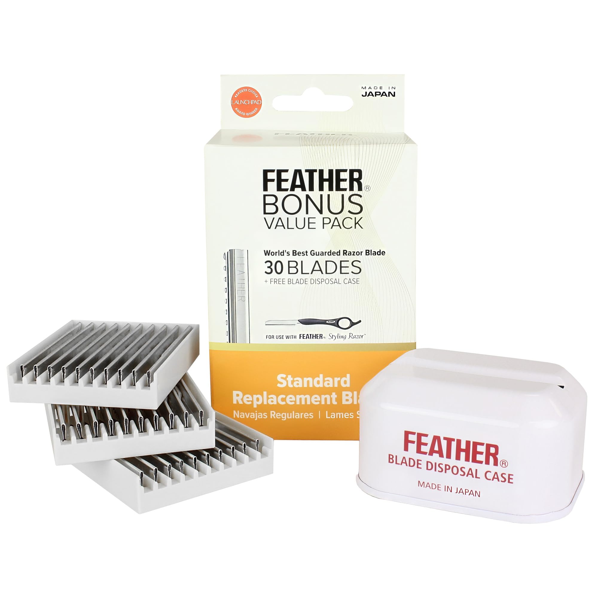 Feather Bonus Value Pack, Styling Razor Standard Blades - Professional Hair Cutting Blades for Styling, Shaping, Thinning - Single Edge Guarded Blade - Made in Japan -30 Counts +1 Blade Disposal Case