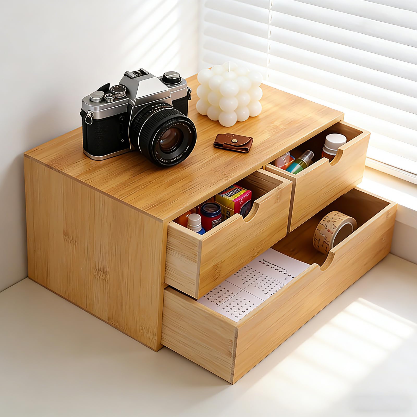 Bambusowy organizer na biurko z 3 szufladami – organizer na stół z dużą półką – naturalne drewno, do biura, domu, kosmetyków, długopisów, 33 x 19 x 16 cm