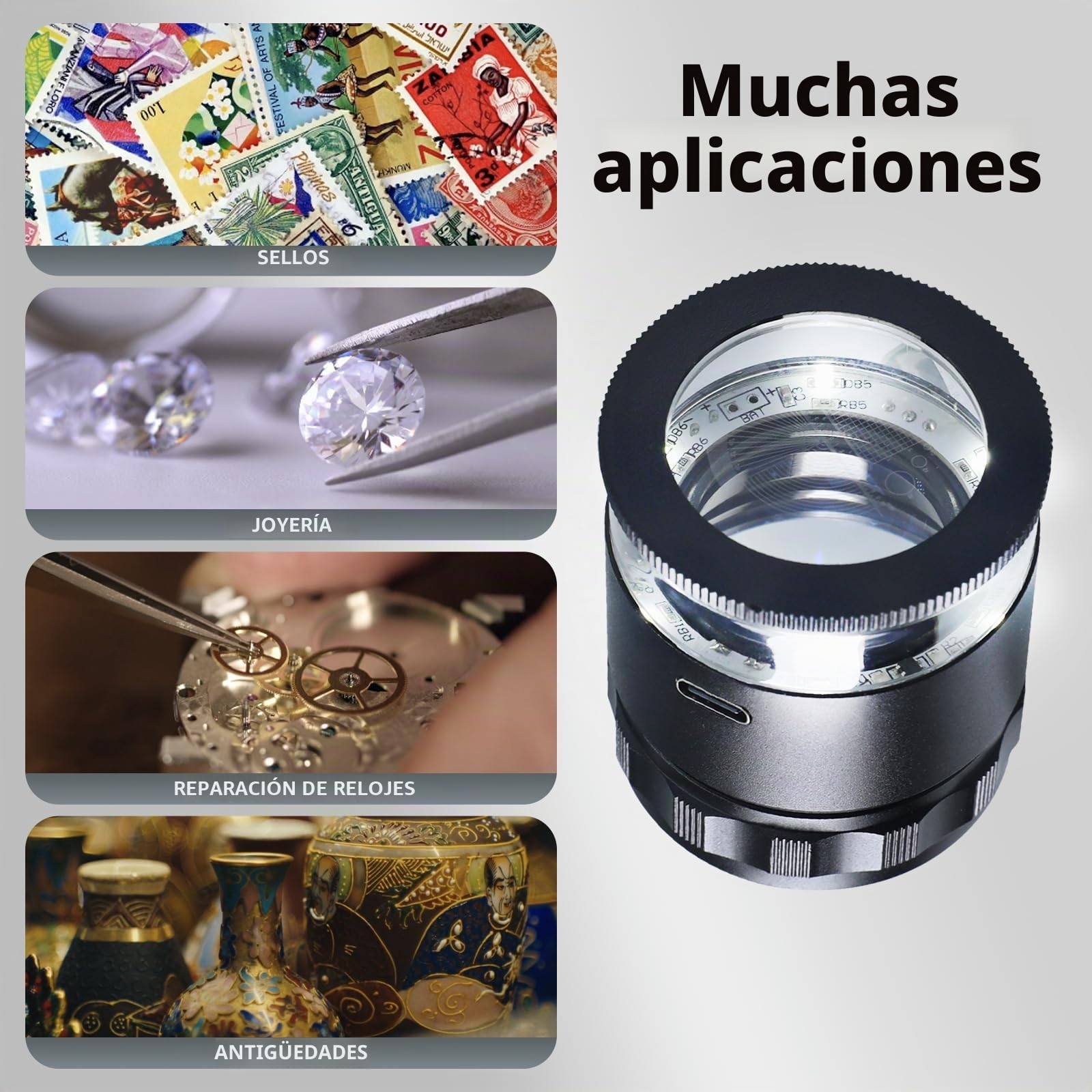 Lupa de Joyero 10x con 6 Luces LED y Escala de Vidrio de 3, Lupa Portátil y Recargable de 25 mm de Campo de Visión, para Joyería, Gemas, Monedas, Herramienta de Hobby