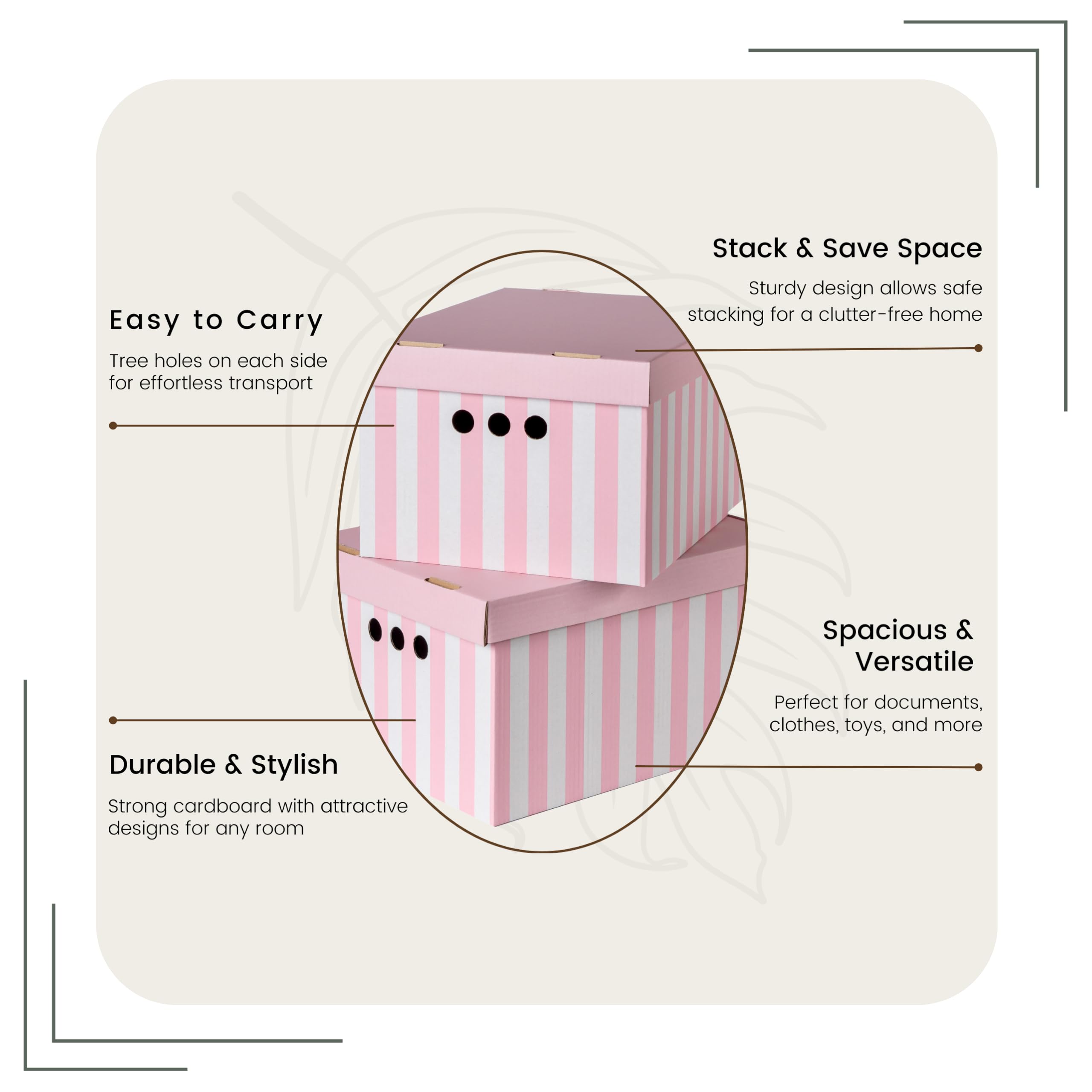 SOFTILLO Pack of 2 Decorative Storage Boxes With Lids Home Office Bedroom Wardrobe Box Organiser Archive Box with Lid Multi-Use General Storage Archive Box with Lid Stylish Set XLarge Pink Stripes — view 4