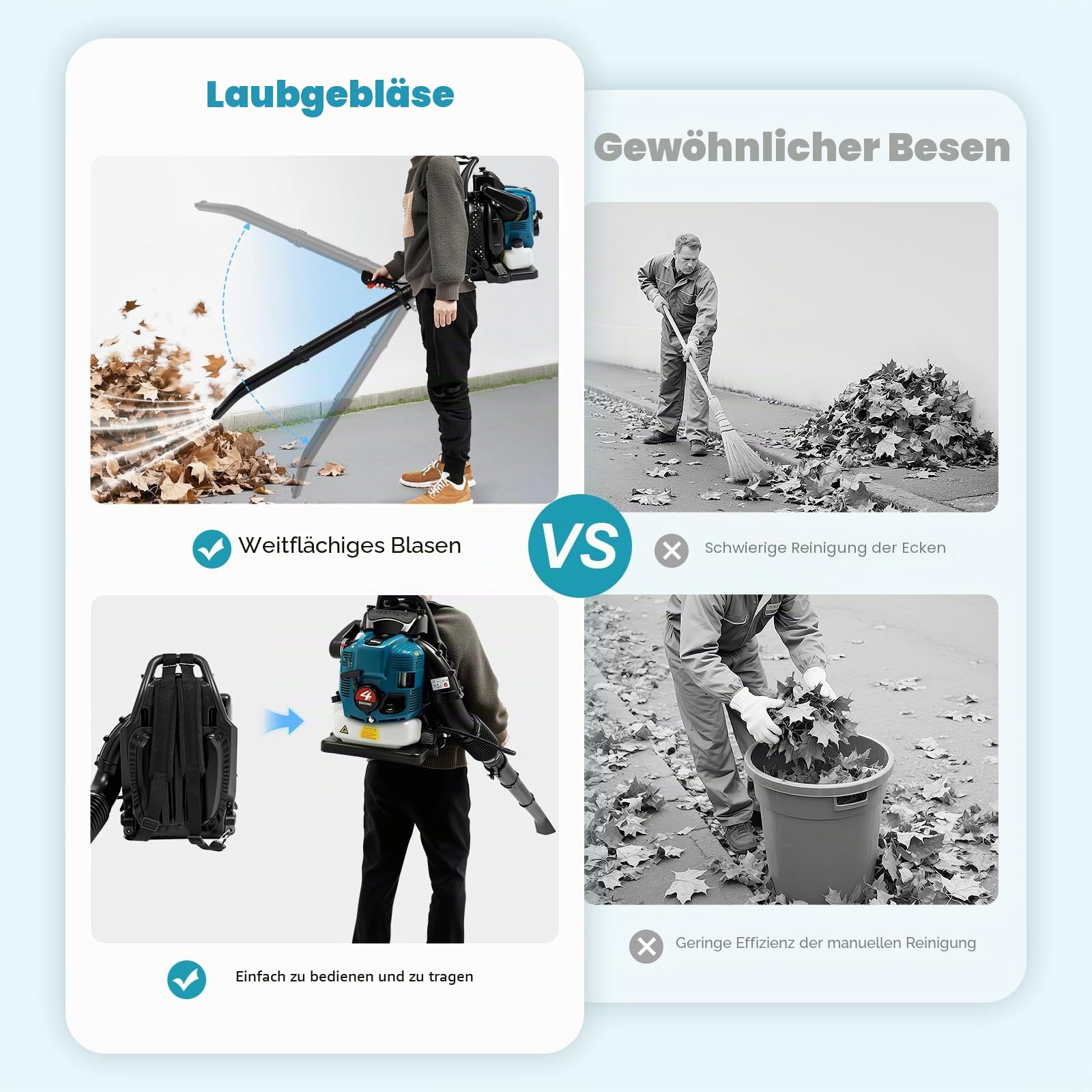 Rucksack Laubbläser, 75,6cc 4-Takt Benzin Laubsauger LuftgeküHlten RüCkenlaubbläSer mit 0,5-Gallonen-Tank für Yard, Garten, Rasenpflege und Straßenreinigung