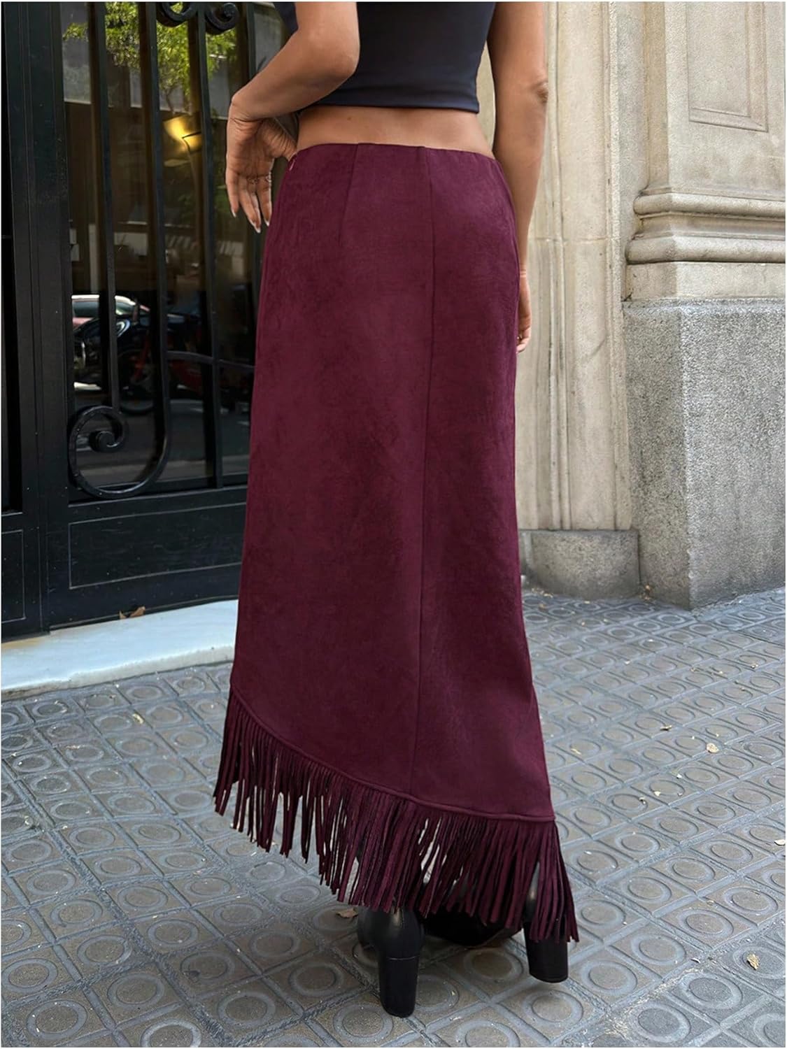 SOLY HUX Women's Fringe Trim Suede Skirts Western Vintage Party Asymmetrical Maxi Skirt