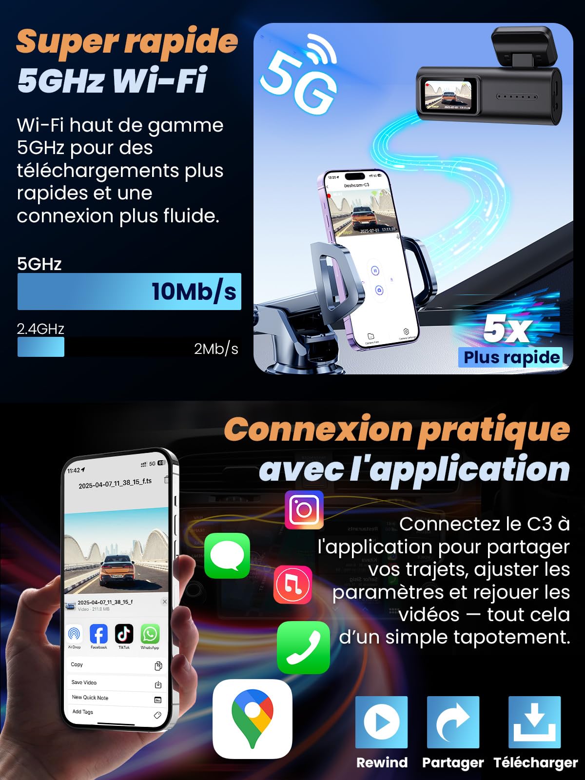 C3 Dashcam Voiture Avant arrière, caméra 4K+1080P, Wi-FI 5GHz avec contrôle Via app, Carte SD 64GB, Vision Nocturne, Grand Angle 170°, WDR, stationnement 24H, capteur G, Installation Facile