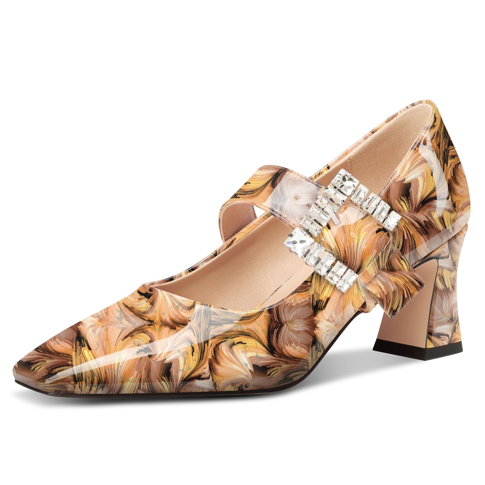 NobleOnly Mary Jane Mujer Chunky Ancho Heel Correa Tobillo Cerrado el Dedo del pie Cuadrada Punta Pumps Diamante Cierre con Hebilla 7 CM Heels