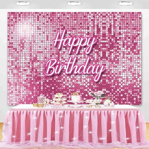 Miniatura 2 de Telón de fondo cuadrado de cumpleaños rosa con lentejuelas brillantes, fondo de fotografía de pared para decoración de cumpleaños de princesa niña