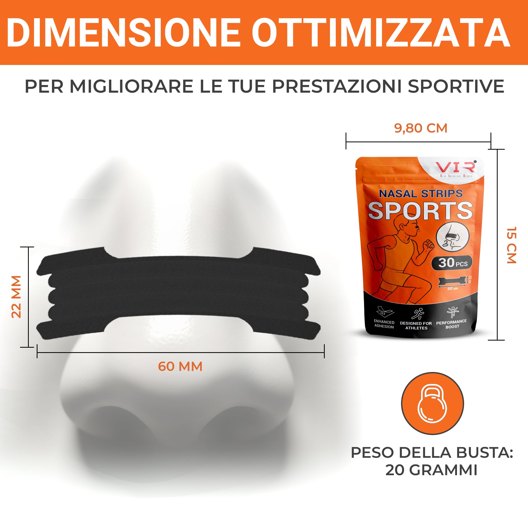 Set da 30 Cerotti Nasali per Sport Neri - Migliora la Respirazione e le Prestazioni - Nasal Strips Sport Extra Forte per Corsa, Ciclismo, Fitness e Tennis (60 x 22 mm)