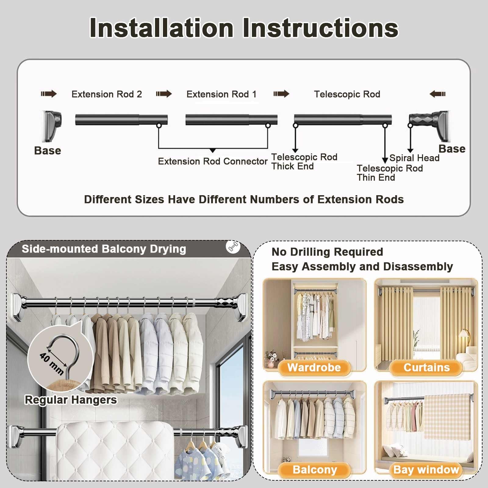 Barra de ducha ajustable sin taladro, acero inoxidable, 5075 cm Φ33 mm, perfecta para baño, dormitorio, sala de estar, fácil instalación, duradera y elegante