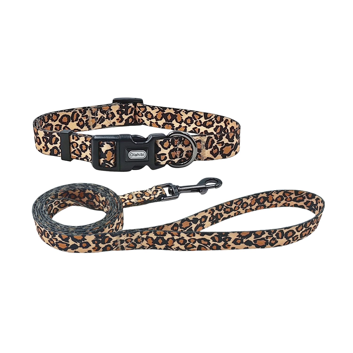 Dog Collar Leash Set, Leopard Pattern, Polyester Material, Adjustable Collar and 5ft Matching Leash, for Small Dogs.(S, Brown Leopard)