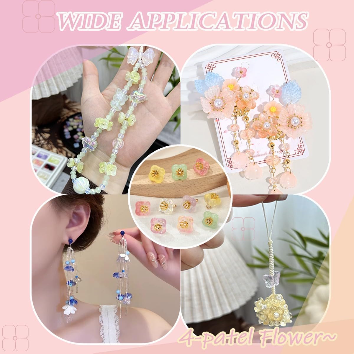 100PCS Glass Flower Beads for Jewelry Making 4 Petal Flower Bead Caps Gradient Cute Floral Beads Aesthetic Charms for Necklace Bracelets Earrings DIY Craft Home Decoration-Colorful - Image 6