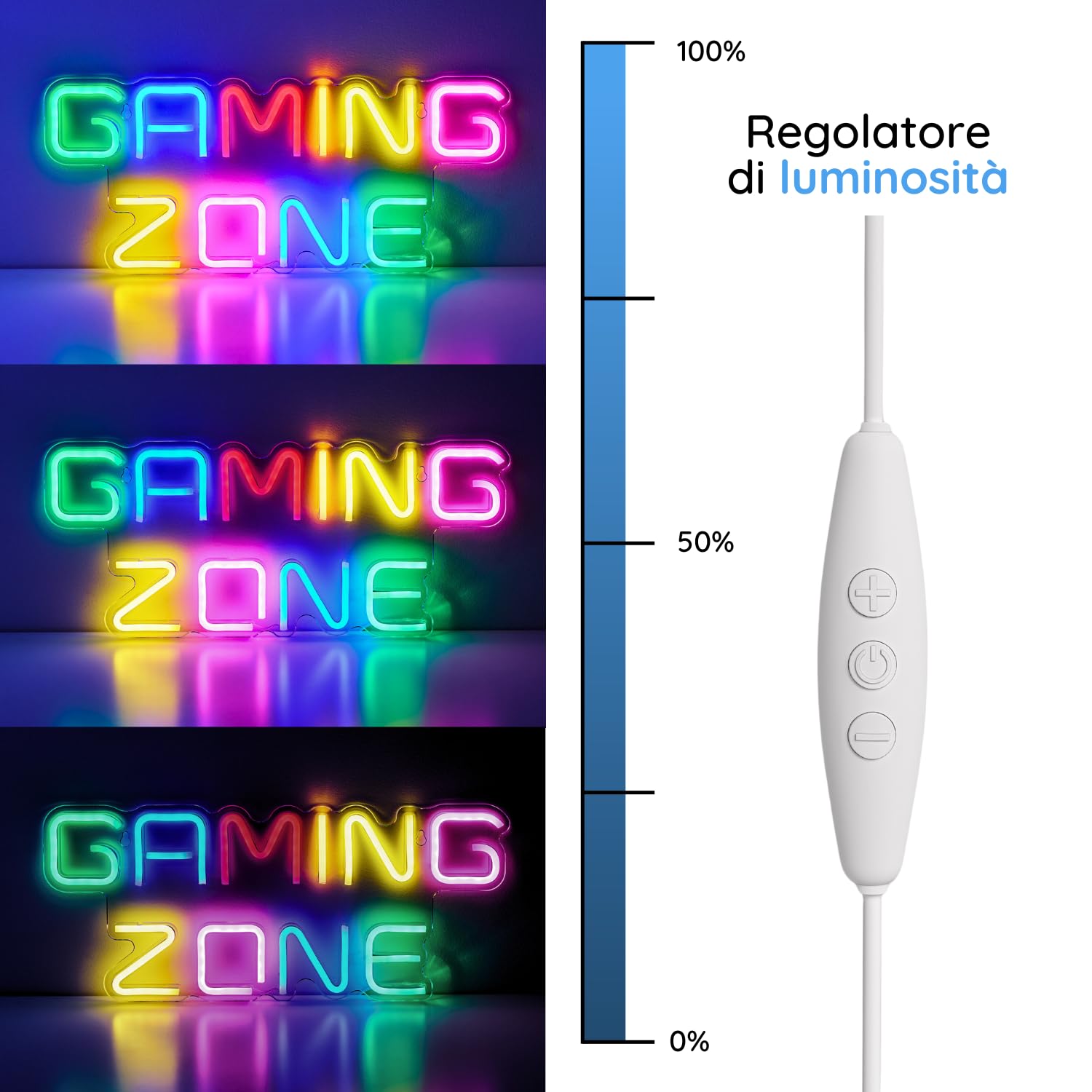 Luci Neon LED Gaming Zone Lampada Neon Parete Gamer, Insegna Luminosa LED Camera Decorazioni Gaming Room Muro, Scritta Neon, Luce Insigne Luminose. Connettore USB con Dimmer