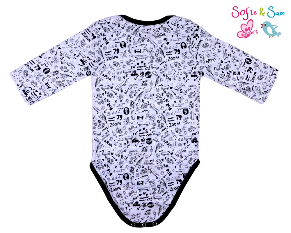 Sofie & Sam London, Baby Bodysuit Romper Onesie Full Sleeves Premium Cotton for 6 to 9 Months, Funcky 1
