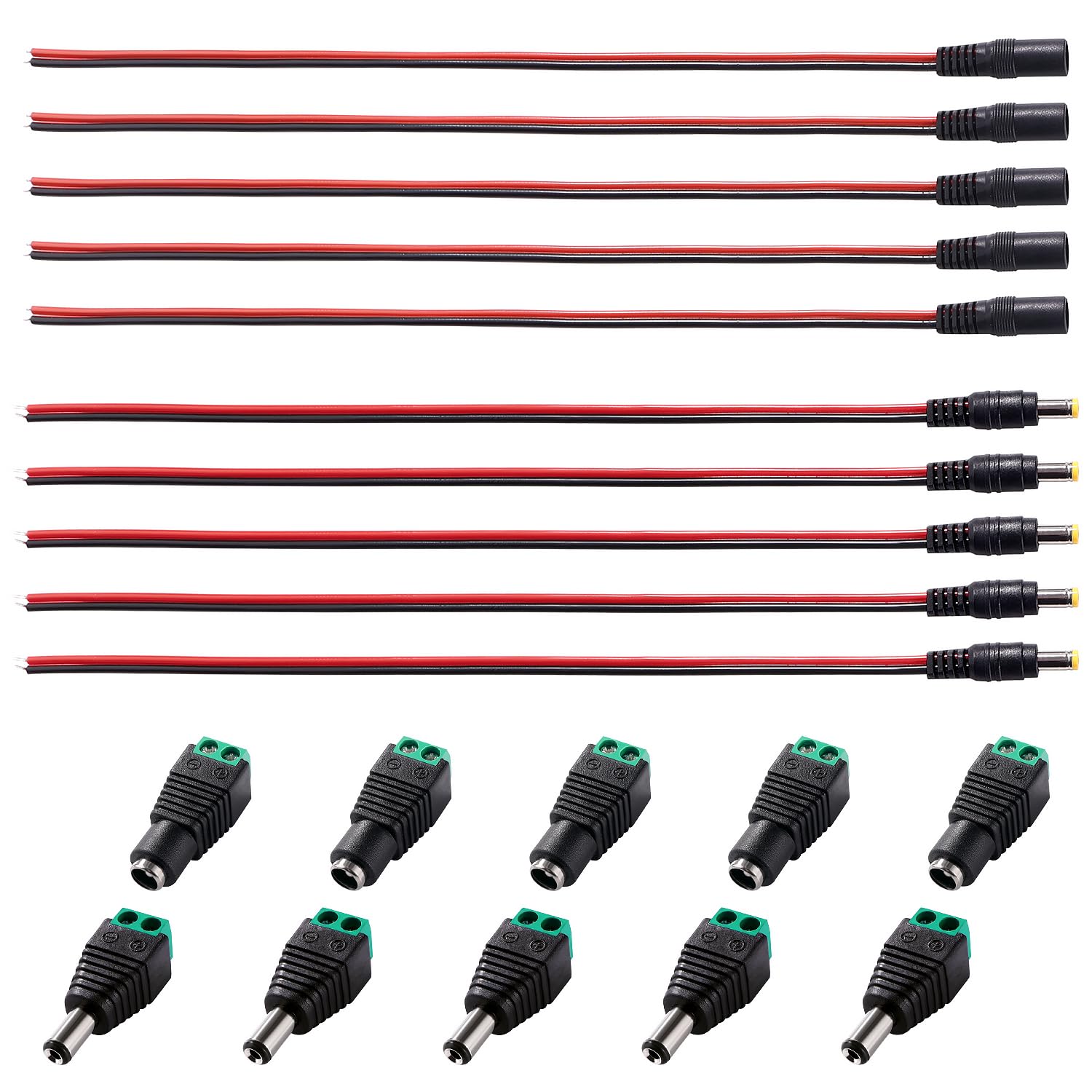 Lyeteung 5 Pairs 5.5x2.1 mm DC Plug Connector + 5 Pairs 5.5x2.1 mm DC Power Pigtail Cable, for CCTV Camera LED Strip