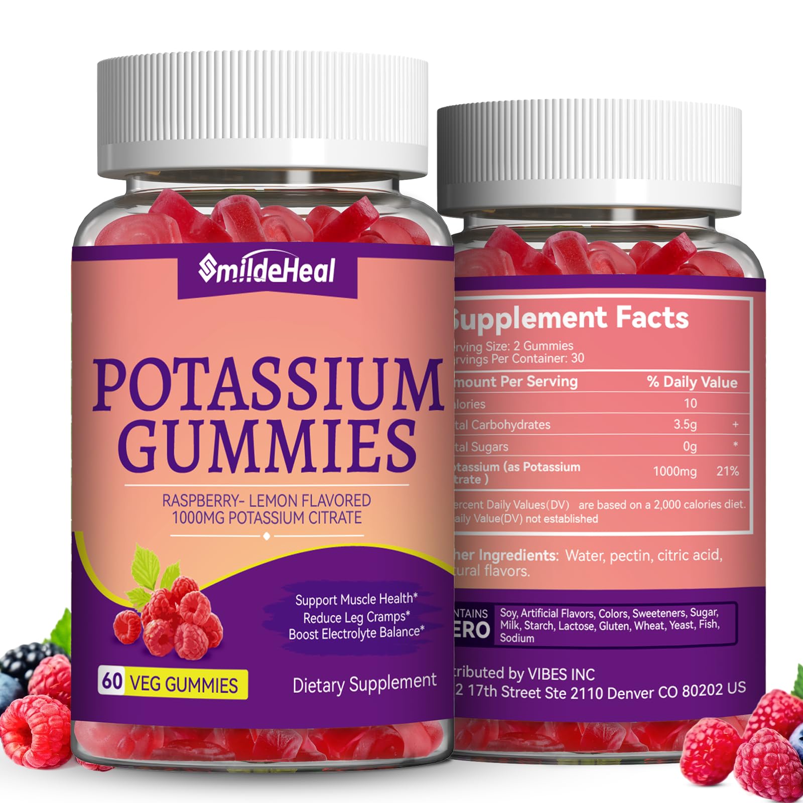 Potassium Supplement Gummies 1000mg, Potassium Gummies for Adults - 2 Pack Raspberry Lemon 120 Count (Pack of 1)