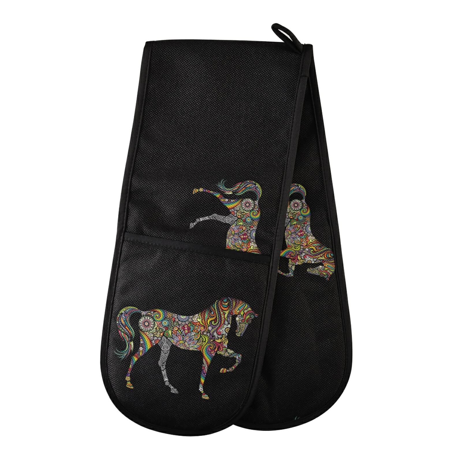 Poeticcity Multi 5 Colorful Floral Tribal Ethnic Horse On Black Double Oven Mitt Gloves Extra Long Potholder High Heat Resistant For Baking Cooking Baking Grilling Handling Hots Pans 35"X7"