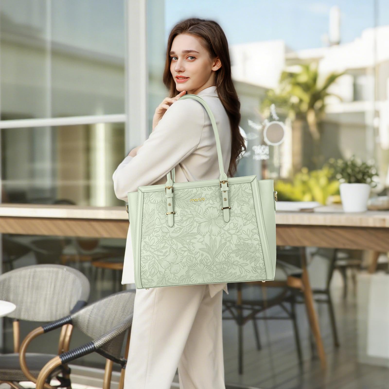 MOSISO 17,3 Pulgadas PU Maletin Portatil de Mujer, Compatible con MacBook | /HP,Dell,Asus Notebook,Frente Relieve Retro Hibiscus Oficina Ordenador Bolsa con Seda Pañuelo&Monedero,Verde Salvia