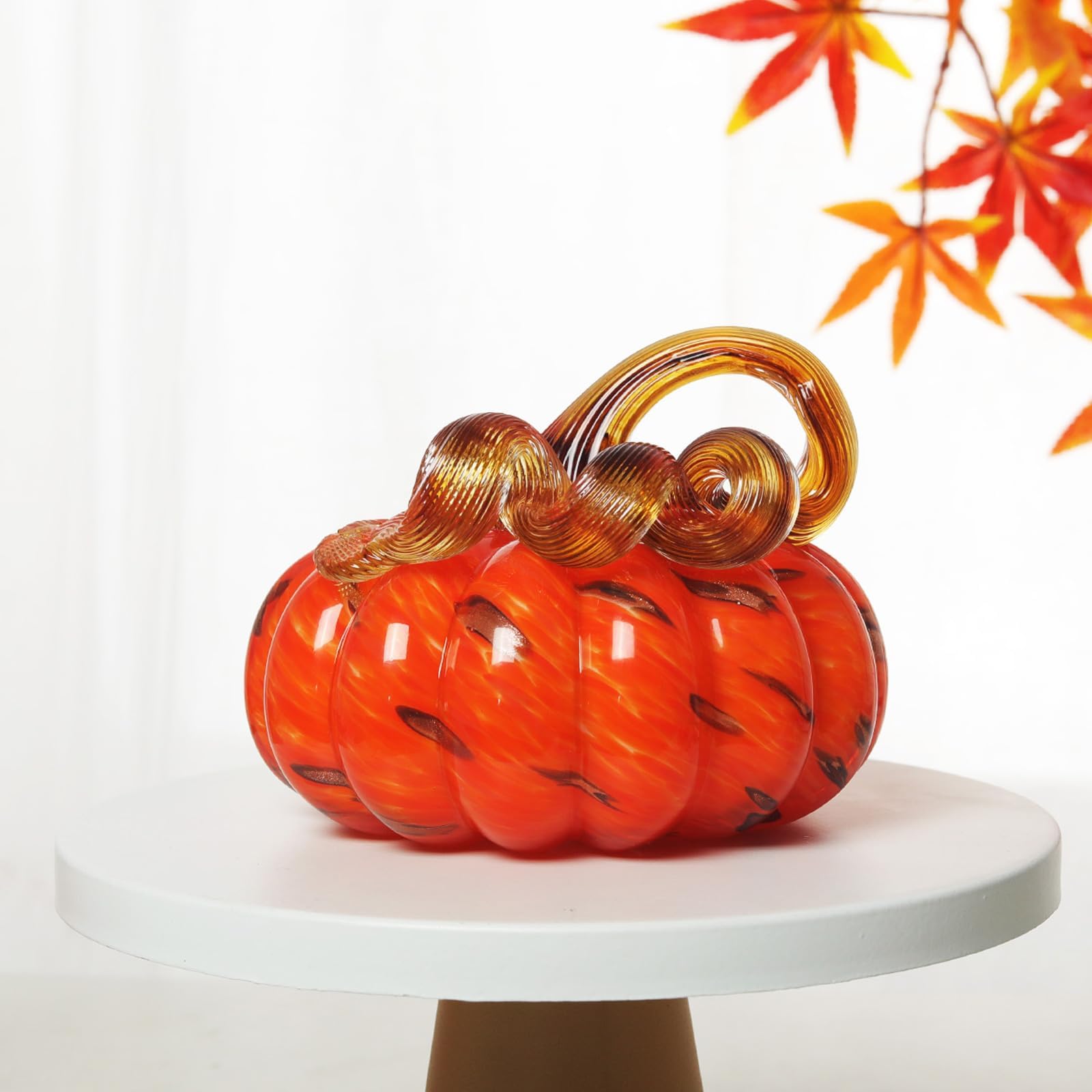 LONGWIN Hand Blown Glass Orange Pumpkin Figurines 4.9 x 3.8 Inch Crystal Fake Pumpkin Collectible Figurine Home Decorations for Tabletop Hallowee - Image 2