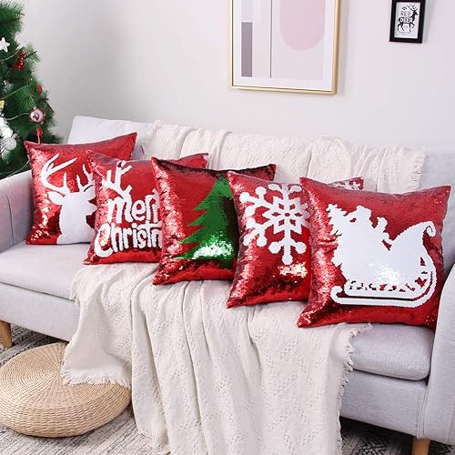 Miniatura 3 de Coeufuedy Fundas de almohada reversibles de lentejuelas de 18 x 18 pulgadas, funda de almohada de lentejuelas de Navidad de color rojo mágico, funda