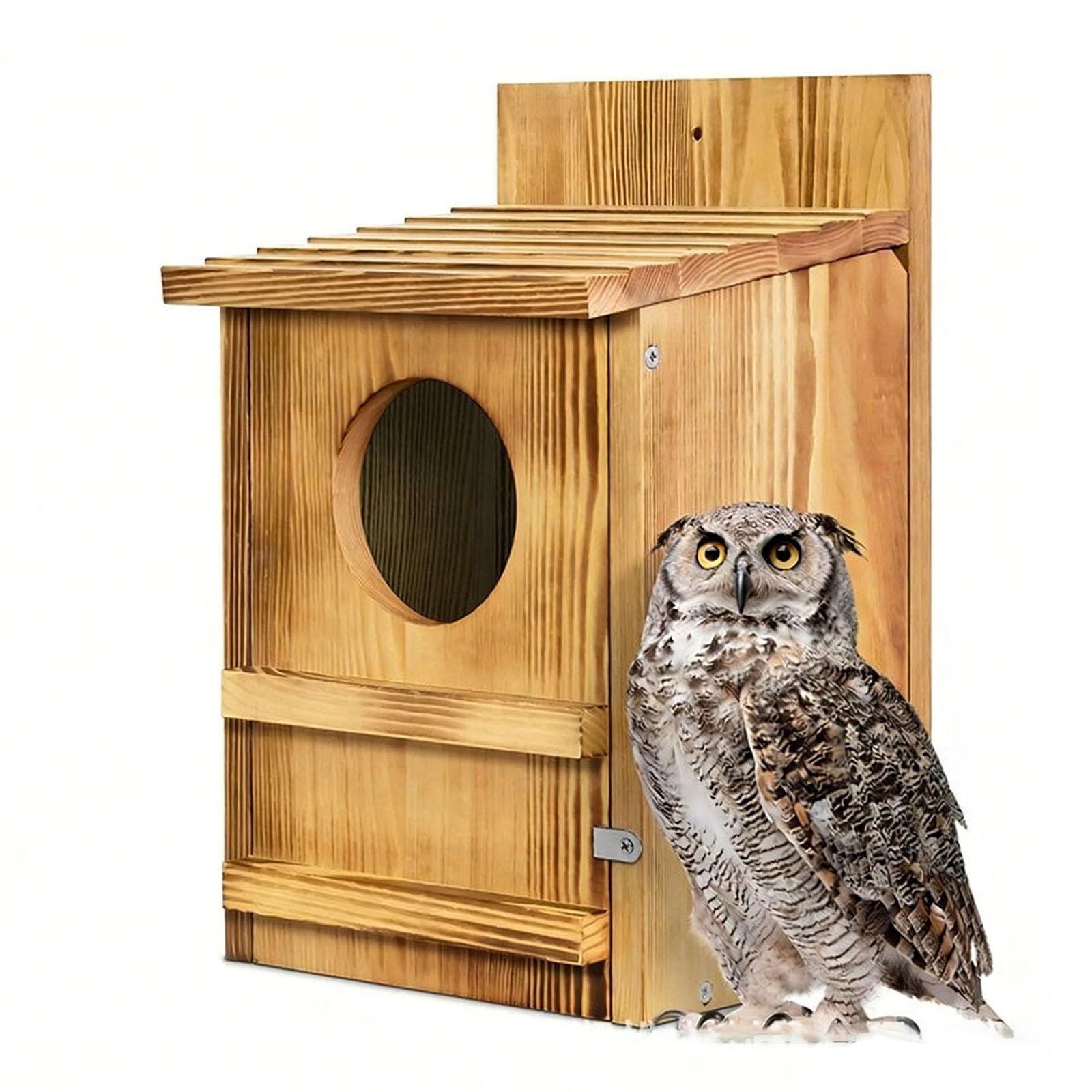 Mangiatoia per uccelli in legno con supporto per albero per decorazione da giardino all'aperto, casetta per gufi, per osservare gli uccelli selvatici