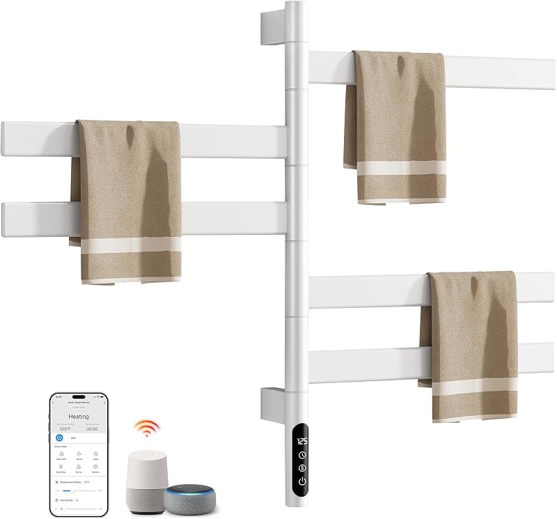 Toallero calefactor giratorio inteligente, montaje en pared de 5 barras, blanco | Calentador de toallas eléctrico para baño, barras giratorias, control de aplicación Wi-Fi, temporizador de 1 a 24 horas, 115 a 155 °F, 120 W, IPX5, enchufable o cableado