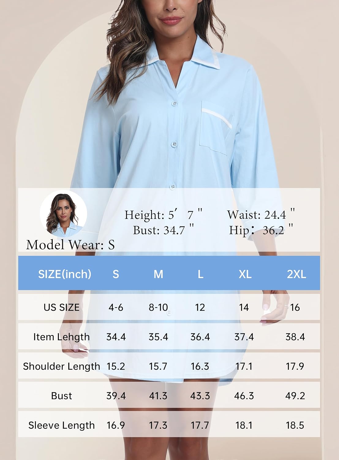 EA'S SECRET 100% Cotton Nightgowns for Women 3/4 Sleeve Button Down Nightshirts Soft V-Neck Knee Length Sleepwear With Pocket - Image 6