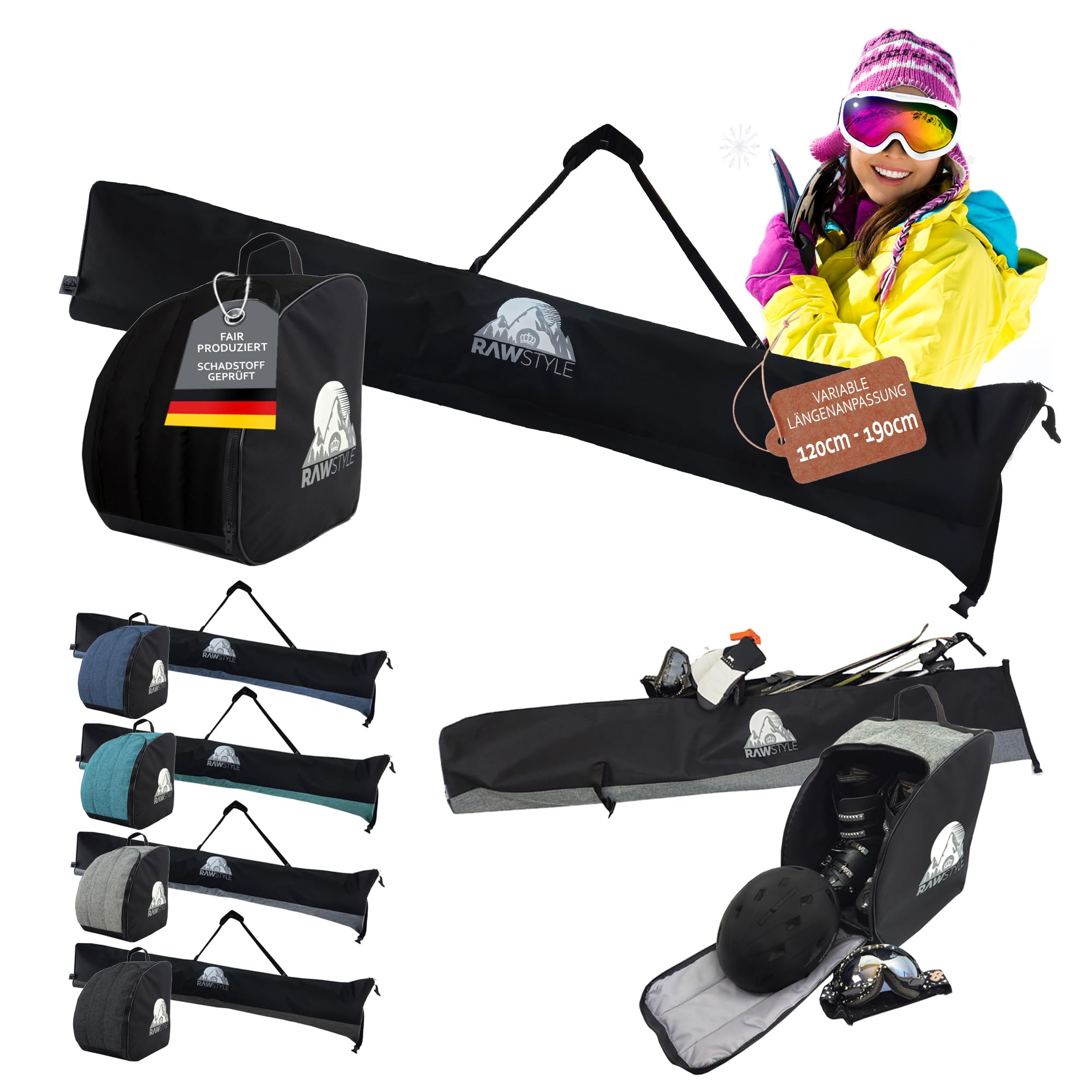 Skitaschen Set – Skitasche Rolltop 120–190 cm & Skischuhrucksack – wasserdichtes Cordura – Skiaufbewahrung für Ski, Skischuhe, Helm & Handschuhe – Ski Transporttasche KOMBIPAKET