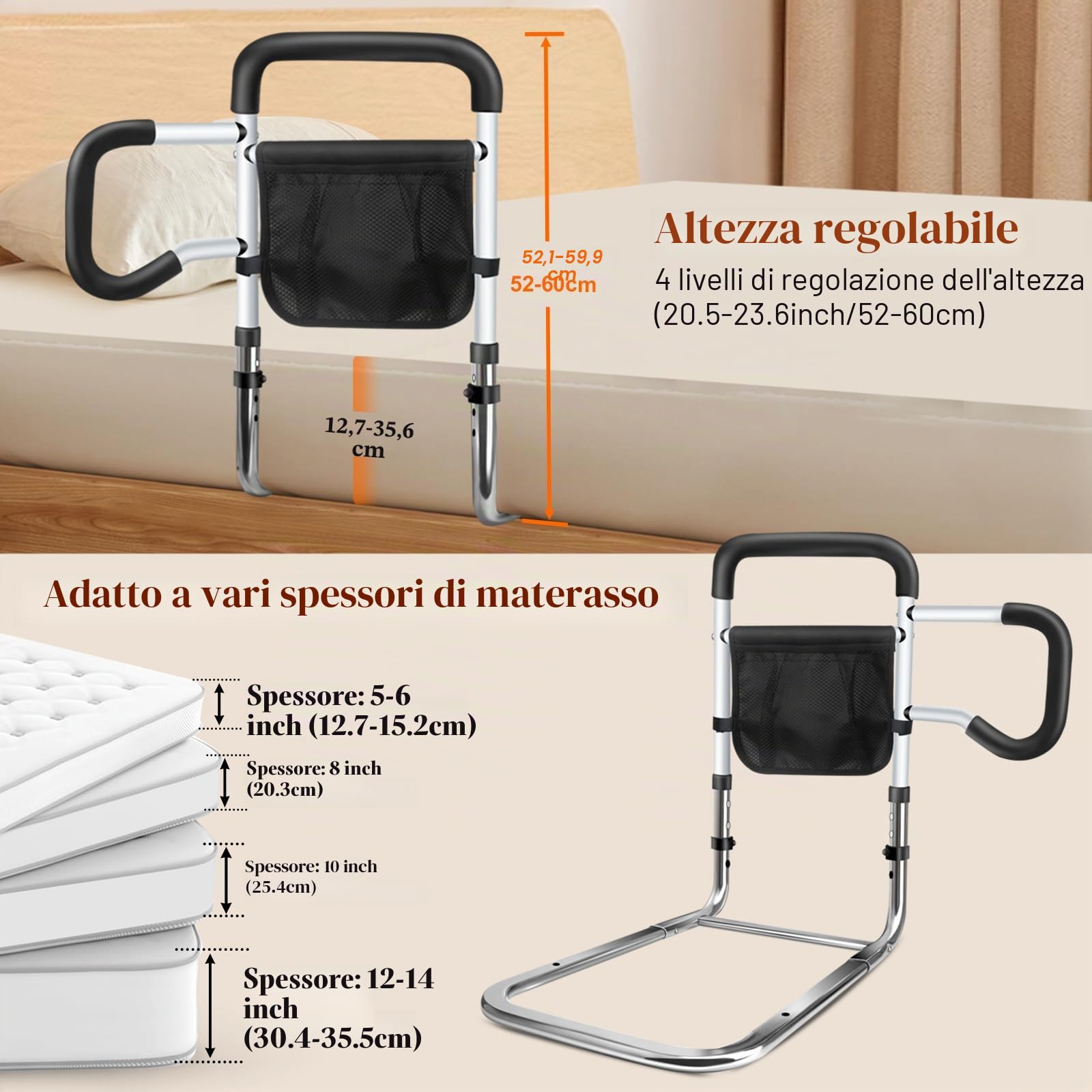 DePango - Griglia per la sicurezza degli anziani, altezza regolabile e griglia del letto con spazio per letti queen e king-size, griglia di protezione per letto in acciaio al carbonio per anziani