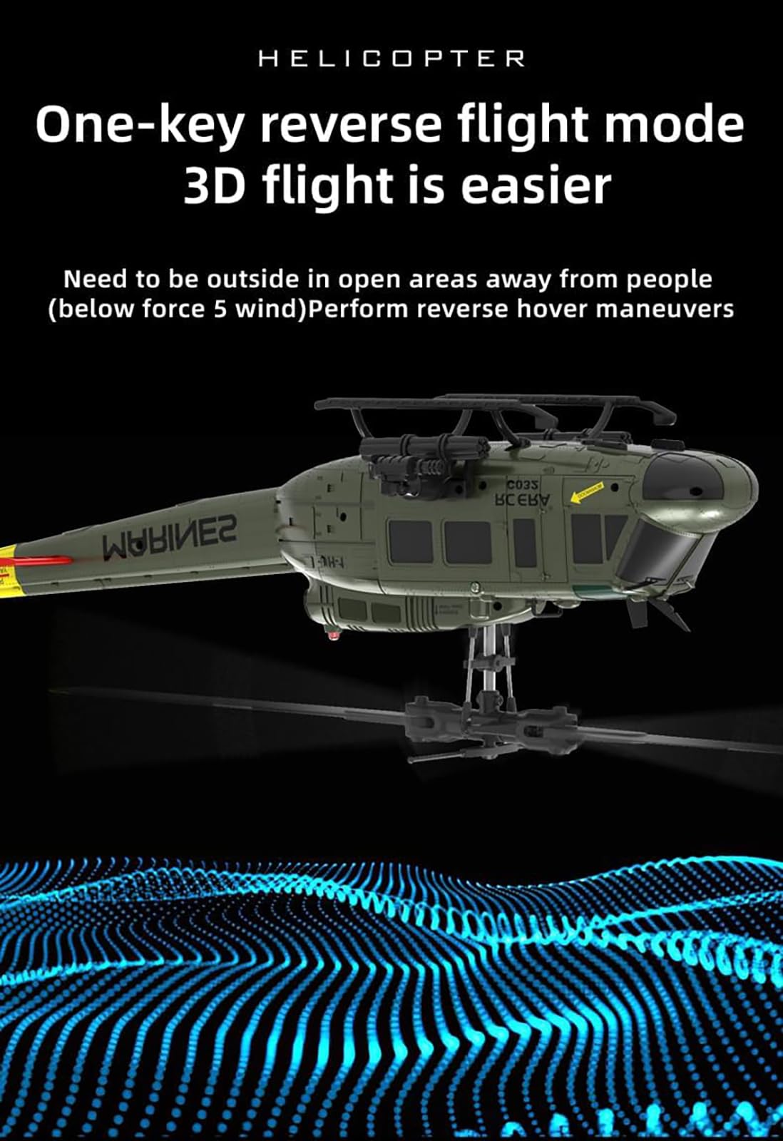 C032 Śmigłowiec UH-1 RC dla dorosłych, bezszczotkowy helikopter RC w skali 1/48 2.4G 6CH, 6-osiowy żyroskopowy model samolotu z optycznym pozycjonowaniem przepływu,2 Battery
