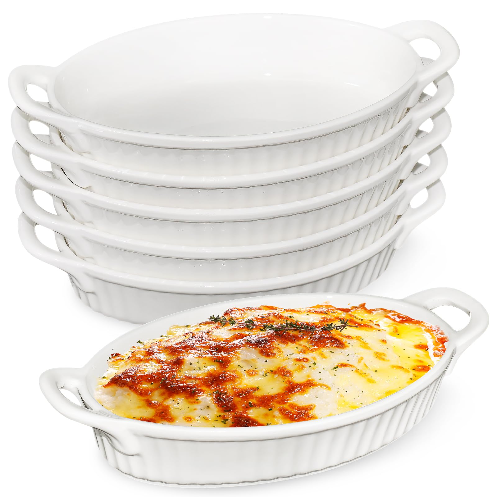 6 Pack Oval Ceramic Baking Dishes, 450ml Lasagne Dishes with Handles for Oven, Heat Resistant Small Porcelain Dish Set for Gratin, Casserole and Roasting, White, 24 cm