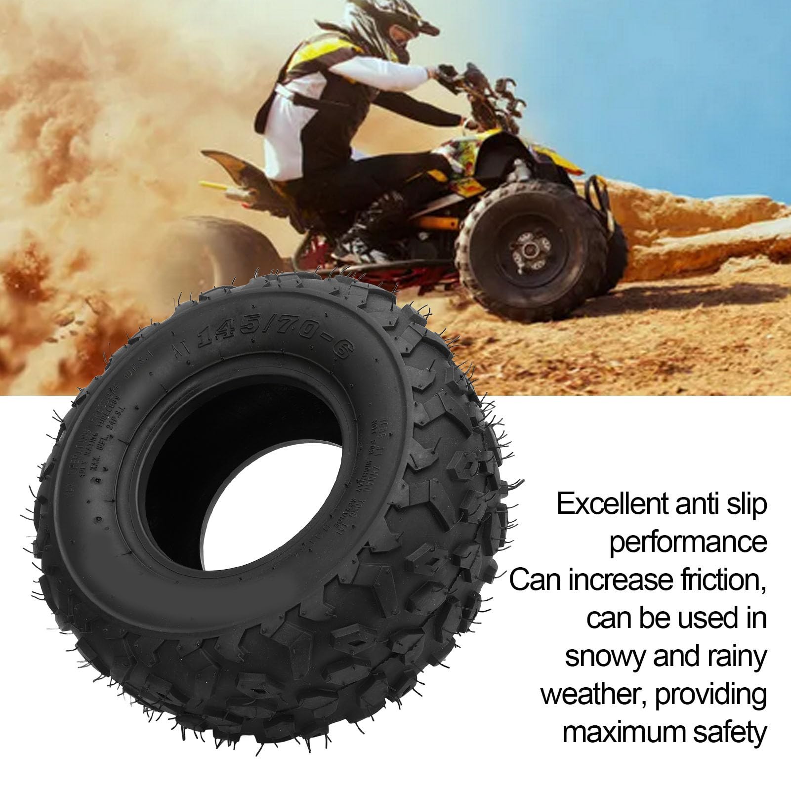 Pneu Tubeless 145/70‑6 Pour ATV UTV Go Kart, Pneus Tout Terrain en Caoutchouc Épais Anti Crevaison Antidérapant