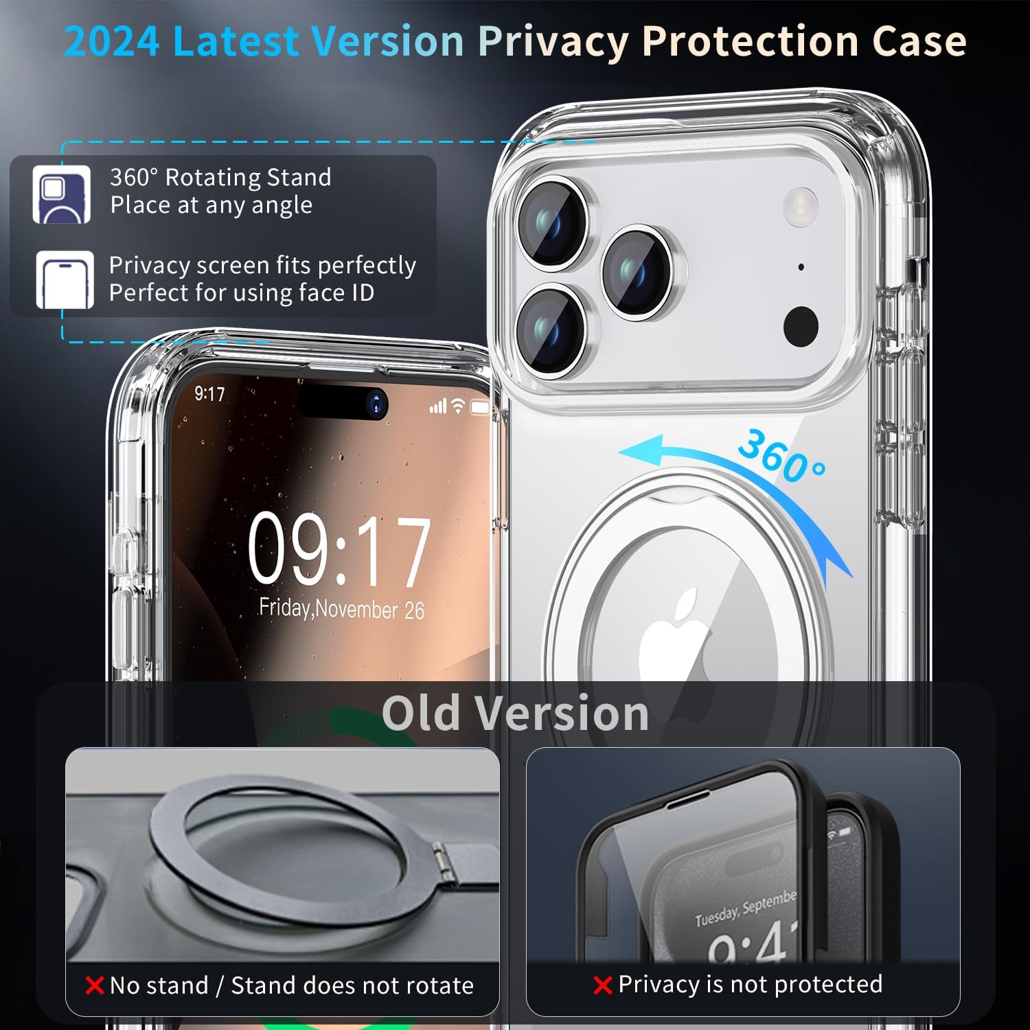 Privacy Case for iPhone 17 Pro Max with 360°Stand [Built-in Anti Peeping Screen Protector] [Magnetic Ring ] Full Body Protective Phone 17Pro Cover 6.9", Clear - Image 7