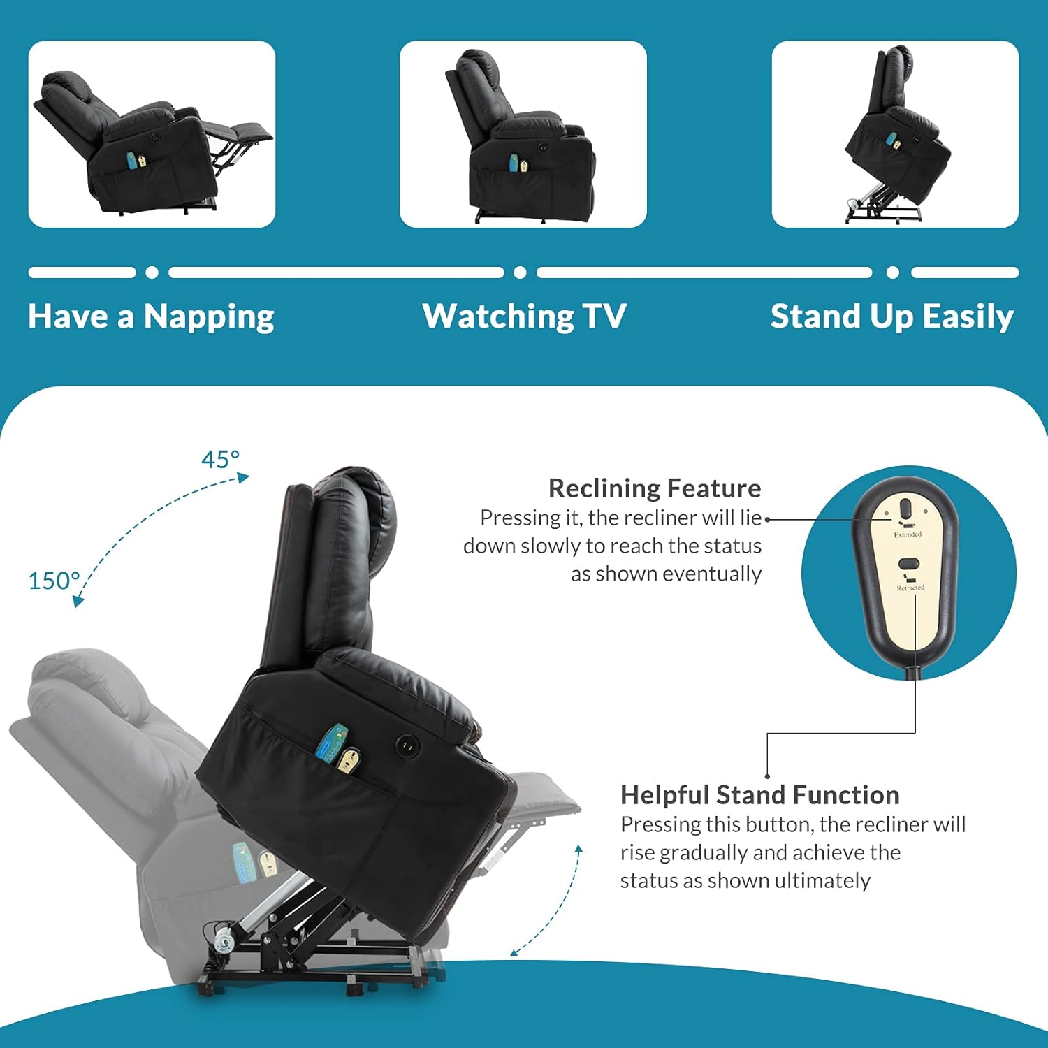 Power Lift Recliner Chair for Elderly, Electric Massage Heated Recliner, Faux Leather Lift Chair with 2 Remote Controls, USB Ports, Cup Holders & Side Pockets for Living Room (Black)