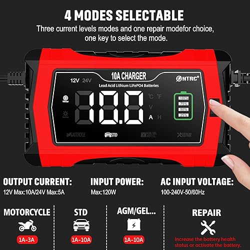 Miniatura 3 de YHCHKJ Cargador de batería de automóvil, desulfador de cargador de goteo totalmente automático de 12 V, 10 A y 24 V, mantenedor de batería LCD