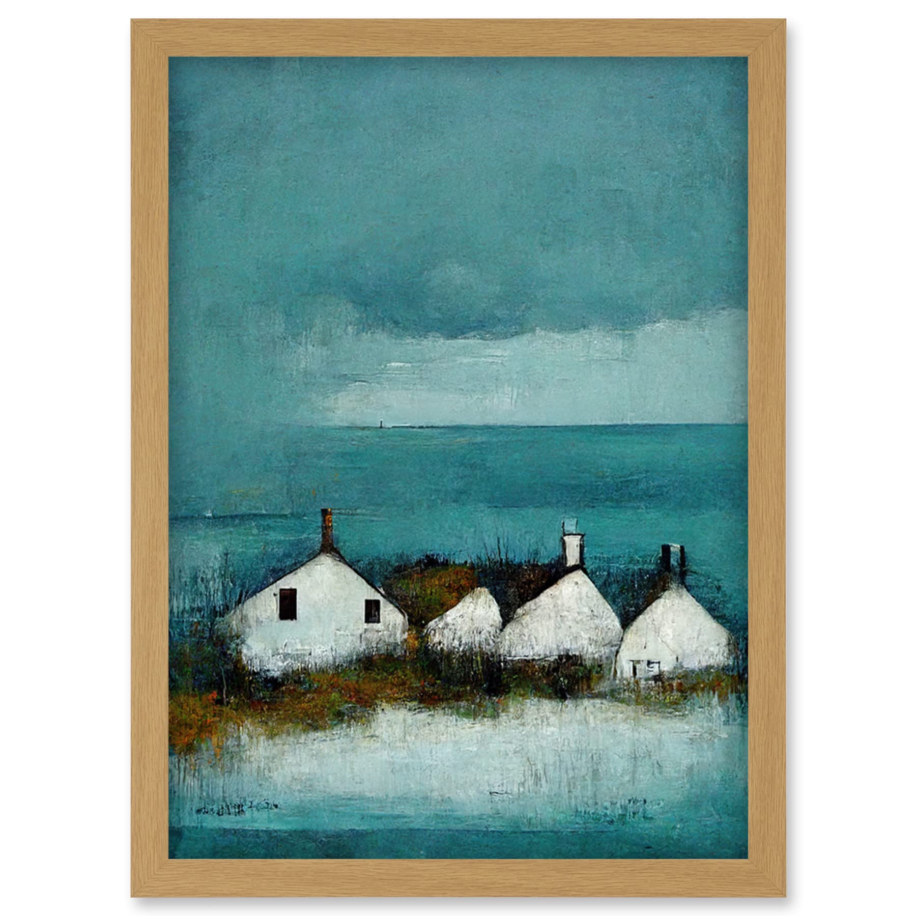 Doppelganger33 LTD Scottish Seascape White Cottages On Teal Artwork Framed Wall Art Print A4