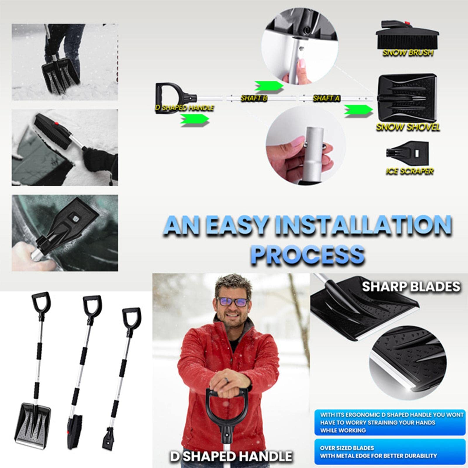 Kit spazzole da neve 3 in 1 Set di rimozione a neve 3 in 1 con pala da neve | Strumenti pieghevoli per la rimozione a neve dal parabrezza 'auto con impugnatura ergonomica per SUV, auto, a
