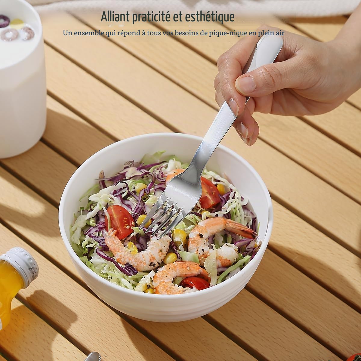 Kit d'ustensiles de Camping Reanea amping Mess pour Voyage, Camping, Pique-Nique, Plein air, équipement de Camping Comprenant Couteau, cuillère, Fourchette, Couverts, Tasse, Bol, Assiette, Essentiel