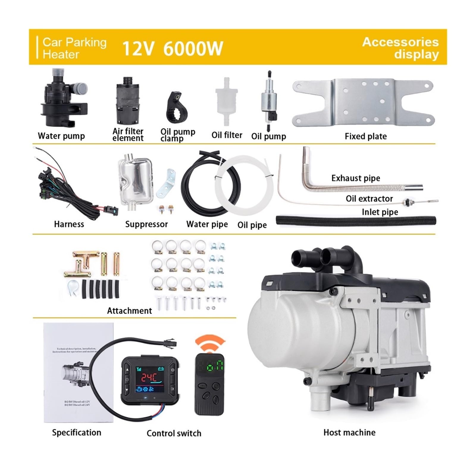 12V 6KW Podgrzewacz Paliwa Diesel Płynny Benzyny Przełącznik LCD Tłumik + Pompa Wody Urządzenie Ogrzewania Postojowego Do Ciężarówek Van Samochodów Łatwy w instalacji(One-way remote)