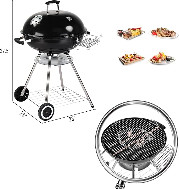 22 Inch Portable Charcoal Grill with Wheels for Outdoor Cooking Barbecue Camping BBQ Coal Kettle Grill with Grilling Bowl Wheels for Patio Backyard