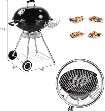 22 Inch Portable Charcoal Grill with Wheels for Outdoor Cooking Barbecue Camping BBQ Coal Kettle Grill with Grilling Bowl Wheels for Patio Backyard