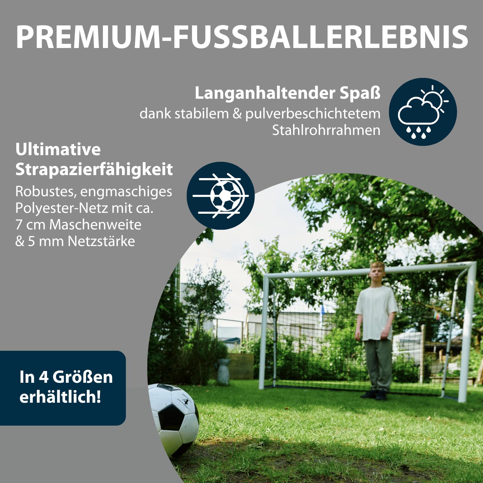 HUDORA Fußballtor Advanced 120/180/240/300 - Fußballtor für Kinder/Jugendliche & Erwachsene - Outdoor-Fußball-Tor für Garten - Wetter- & standfestes Fußball-Trainingstor mit engmaschigem Netz