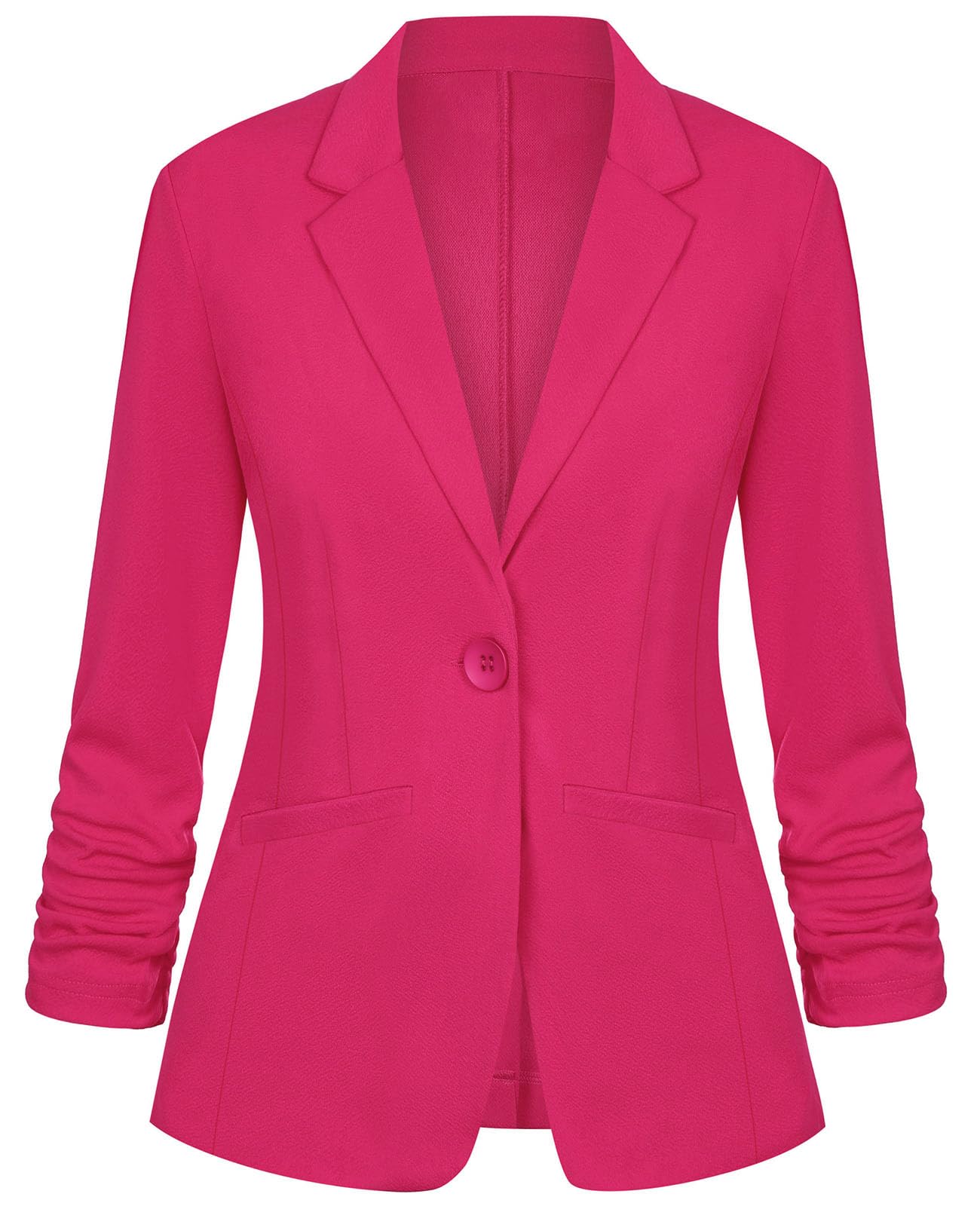 Womens Hot Pink Blazer One Button Notched Lapel Suit Jackets Ruched 3 4 Sleeve Lightweight Pocketed Blazer L