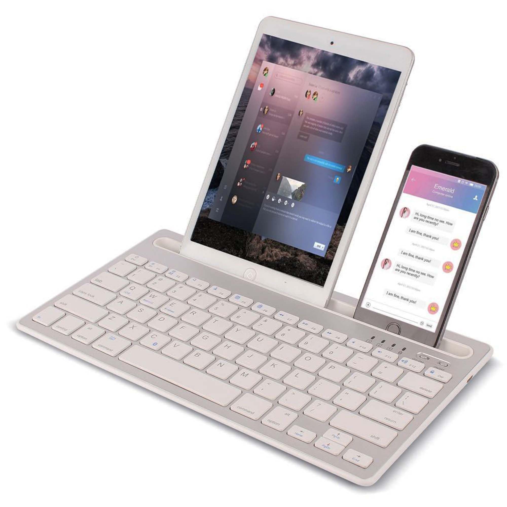 Clavier Filaire Bluetooth, Clavier QWERTY Silencieux Rechargeable Ultra-Mince, 78 Touches,Prend en Charge la Commutation Entre 2 Appareils, aAec Support Intégré,pour iPad,Tablettes,Smartphones(argent)