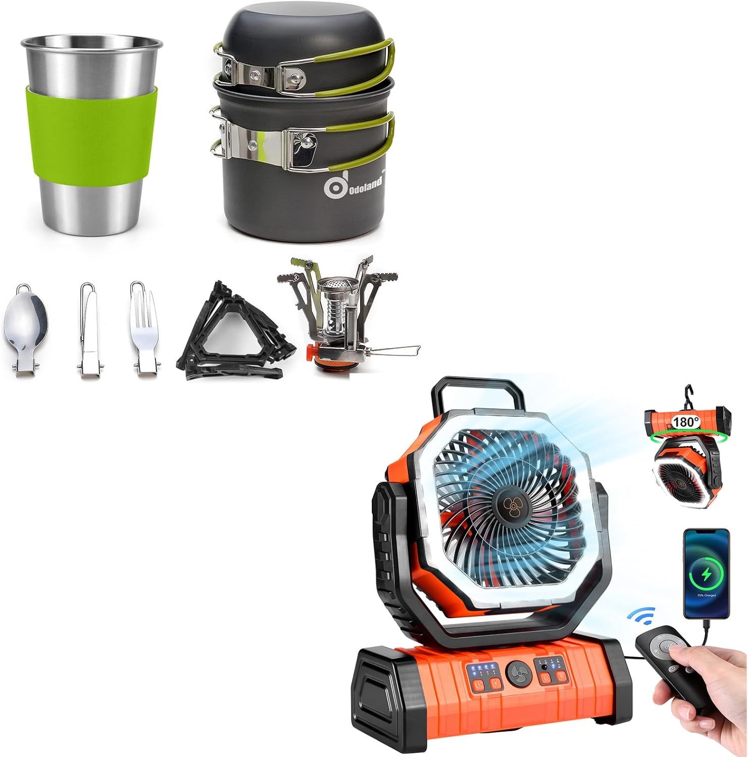Odoland Bundle - 2 Items Camping Cookware Set and Camping Fan with LED Lantern
