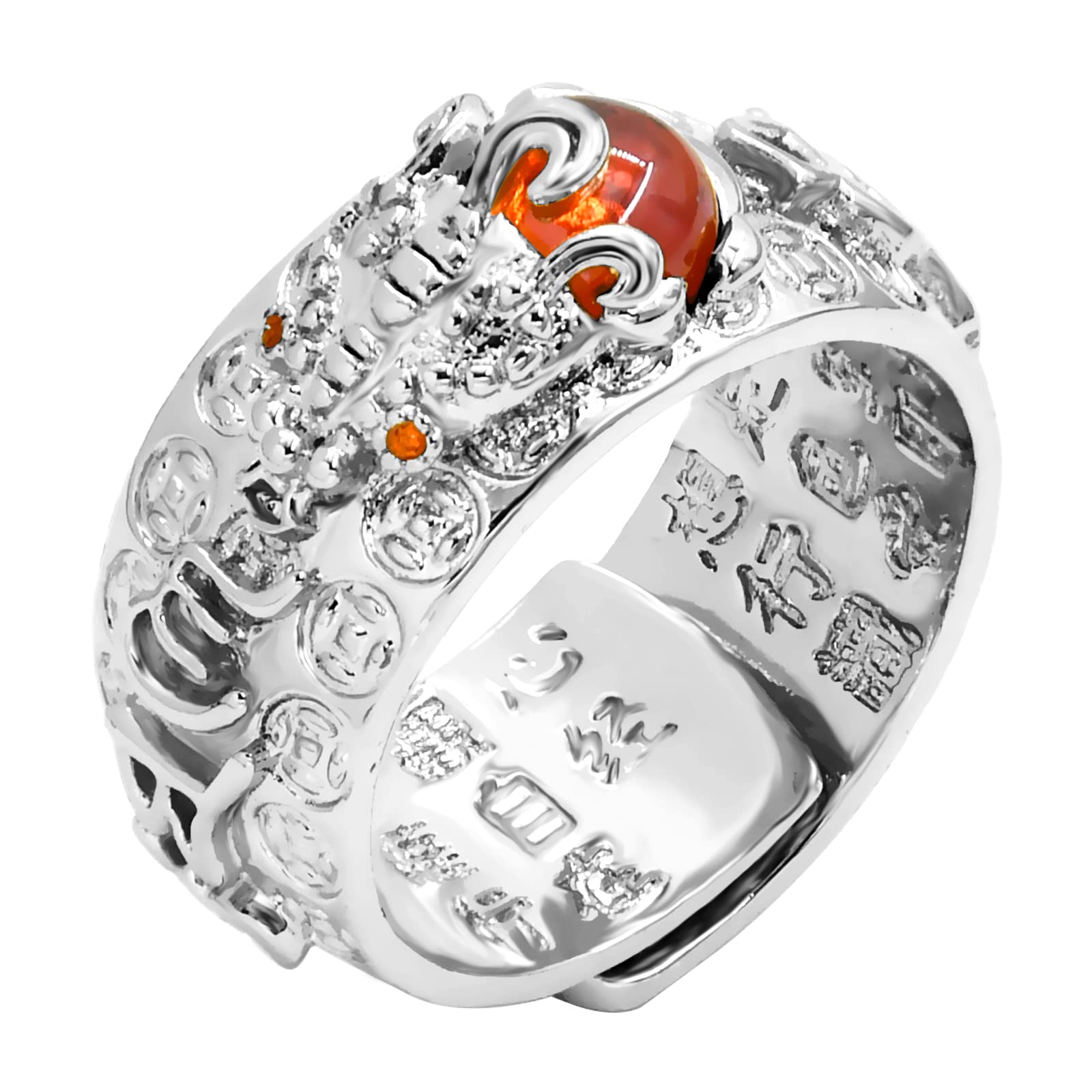 Mantra Ring Feng Shui PiXiu MANI Mantra Protection Wealth Ring Adjustable Ring, Silver