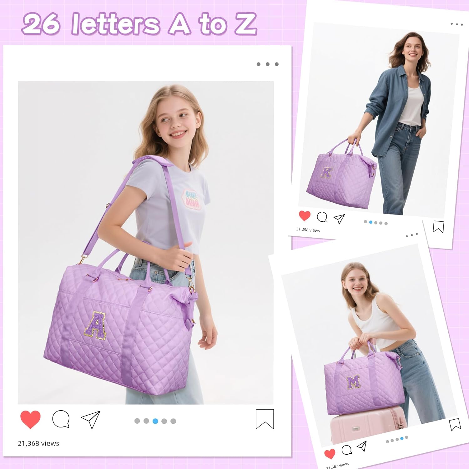 Valentines Gifts for Teen Girl, Initial Travel Duffle Bag, Personalized Women Weekender Overnight Bags, Gift for Daughter Kid Girl Wife Friend（Purple,A) - Image 3