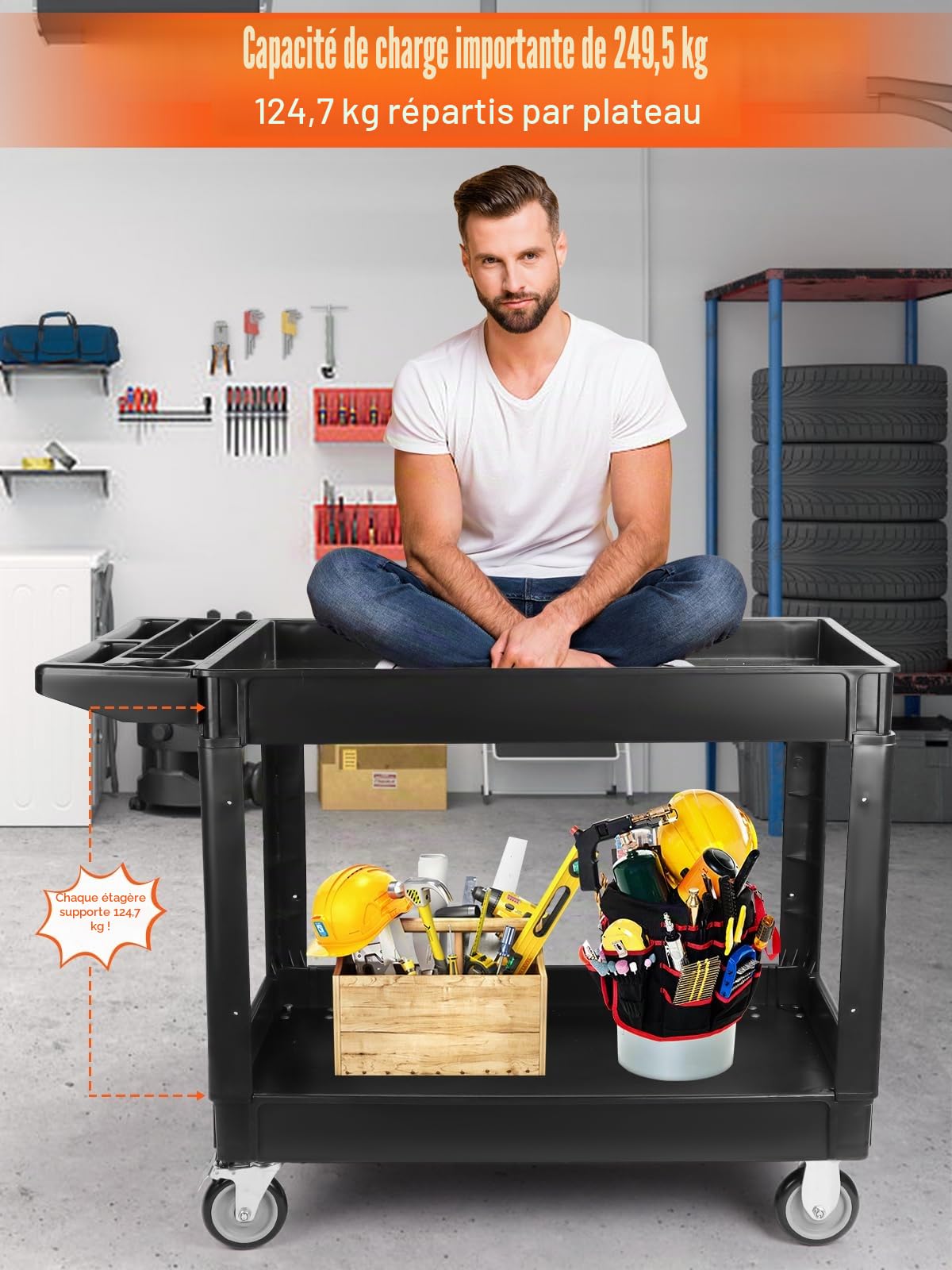Kalolary – Chariot utilitaire robuste à roulettes à 2 niveaux, grand chariot de service multifonction avec poignée – Organiseur de rangement – Outil mobile pour entrepôt – 250 kg