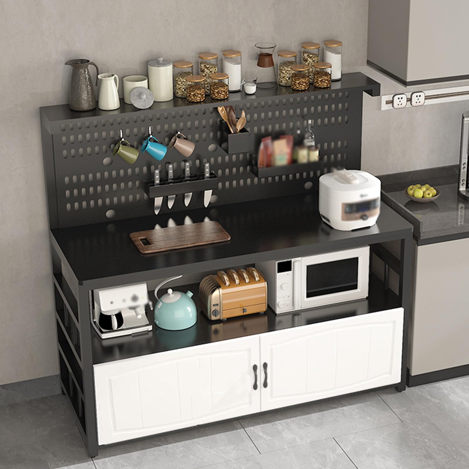 Isla de cocina con almacenamiento y estantes de pie para panadería, mesa de trabajo para preparación de alimentos, mesa de isla con barra de encimera, estante de utilidad, blanco y negro, 60 x 40 x